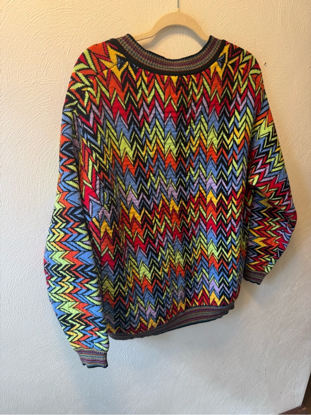 Retro Rainbow Zig Zag Sweater Colorful Cotton Knit V Neck Maximalist Pullover M - Picture 3 of 5